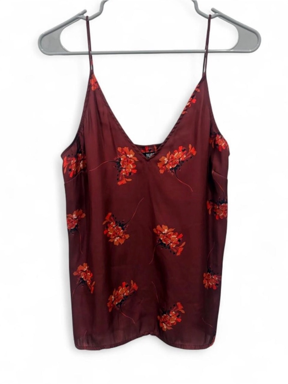Paige Aja Floral V Neck Camisole Small Burgundy Relaxed Satin Drape Elegant Chic